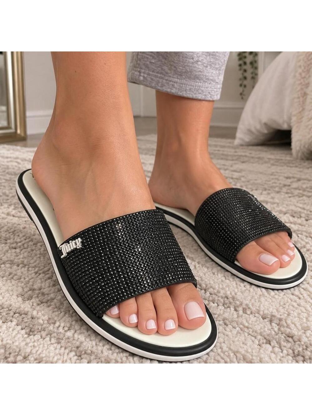 Juicy Couture Black Rhinestone Slide Sandals Size 8